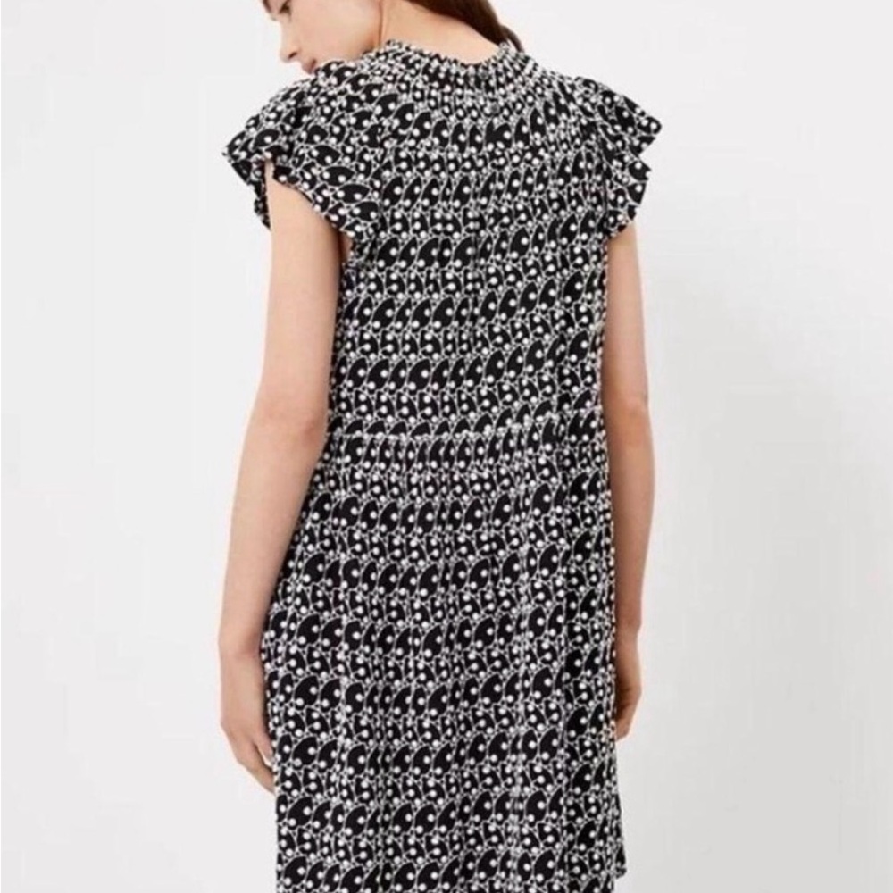 Loft XL Swing Dress Black White Eyelet Embroidered Flutter Short Sleeve Smocked - Picture 10 of 11